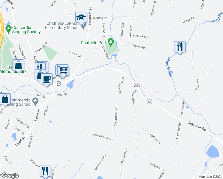 map of restaurants, bars, coffee shops, grocery stores, and more near 24 Silvermine Road in Seymour