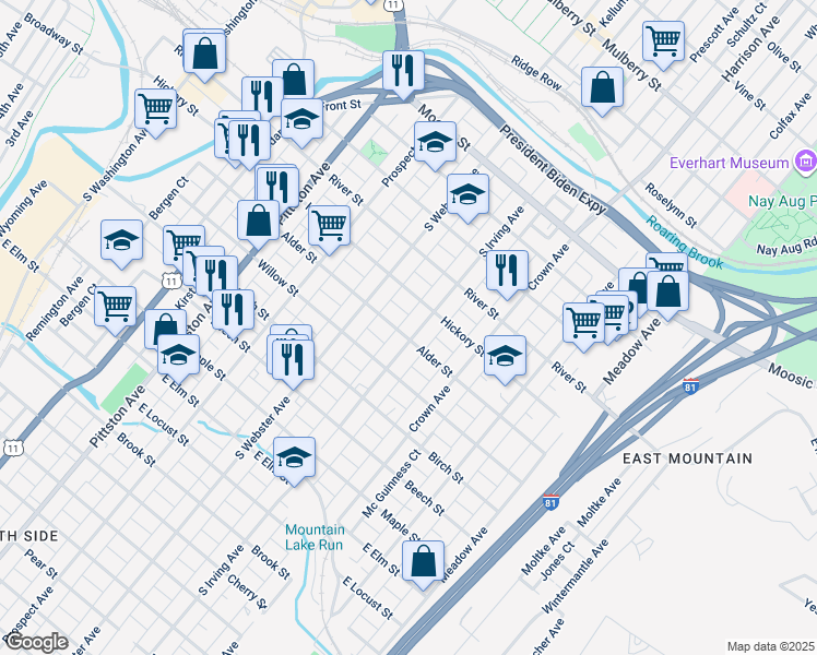 map of restaurants, bars, coffee shops, grocery stores, and more near 528 South Irving Avenue in Scranton