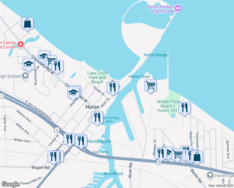 map of restaurants, bars, coffee shops, grocery stores, and more near 112 Wall Street in Huron