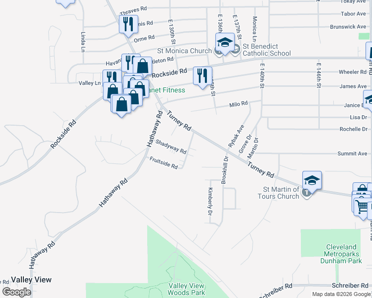 map of restaurants, bars, coffee shops, grocery stores, and more near 6306 Meadowbrook Road in Garfield Heights
