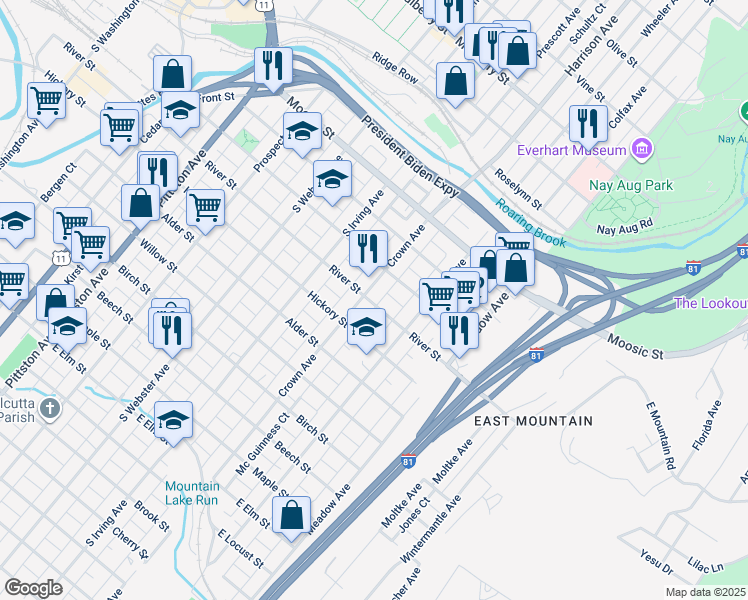 map of restaurants, bars, coffee shops, grocery stores, and more near 308-312 Crown Avenue in Scranton