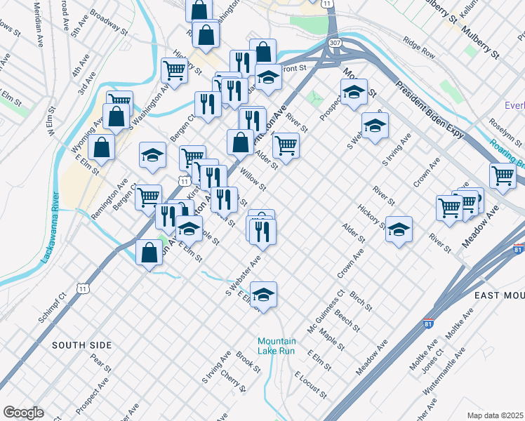 map of restaurants, bars, coffee shops, grocery stores, and more near 705 Prospect Avenue in Scranton