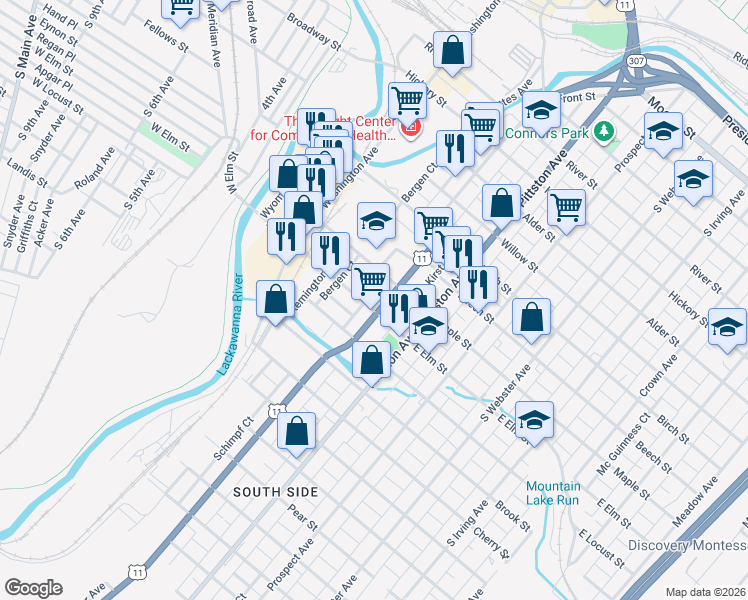 map of restaurants, bars, coffee shops, grocery stores, and more near 371-399 Maple Street in Scranton