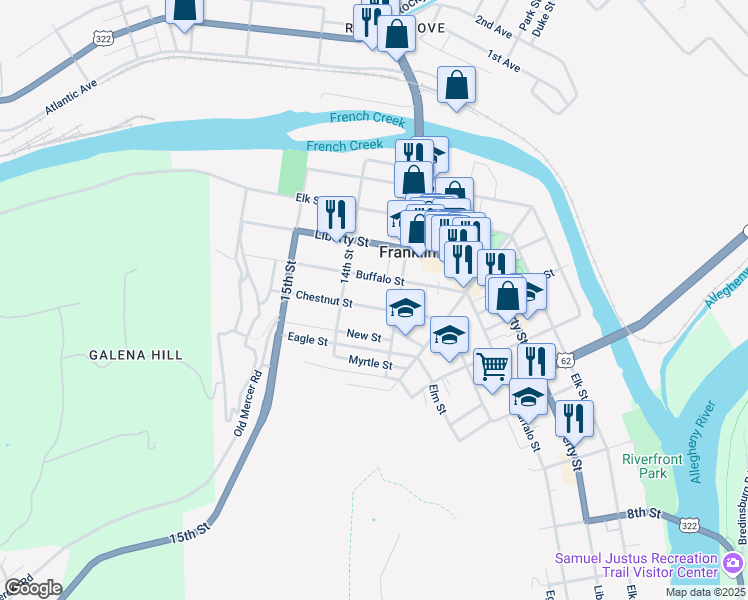 map of restaurants, bars, coffee shops, grocery stores, and more near 1325 Buffalo Street in Franklin