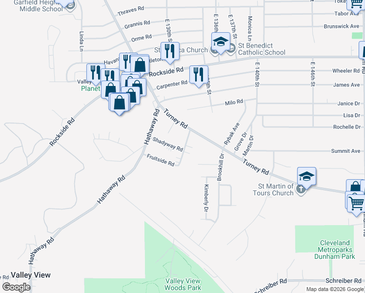 map of restaurants, bars, coffee shops, grocery stores, and more near 6306 Meadowbrook Road in Garfield Heights