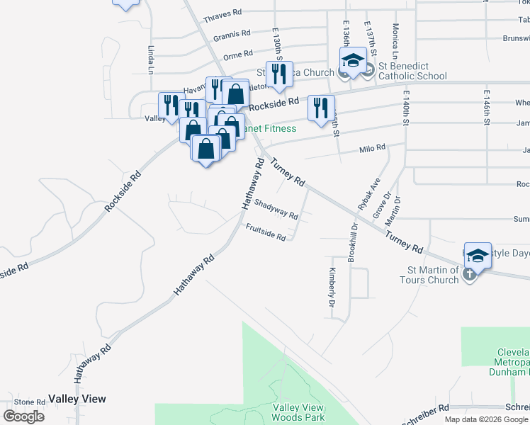 map of restaurants, bars, coffee shops, grocery stores, and more near 12915 Shadyway Road in Garfield Heights