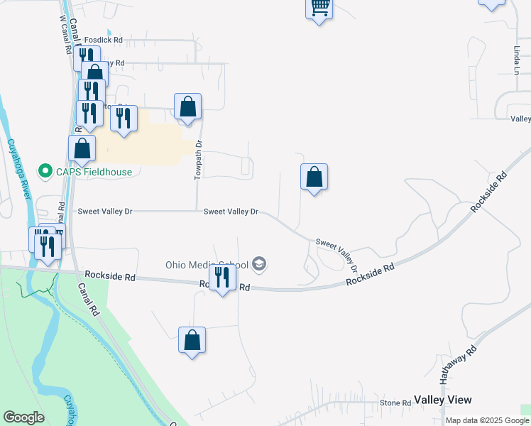map of restaurants, bars, coffee shops, grocery stores, and more near 9797 Sweet Valley Drive in Valley View