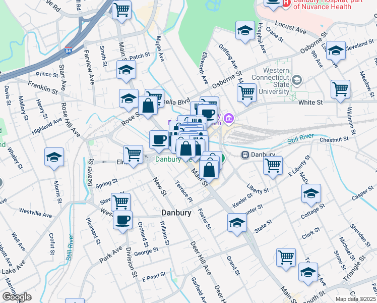 map of restaurants, bars, coffee shops, grocery stores, and more near 1-19 White Street in Danbury