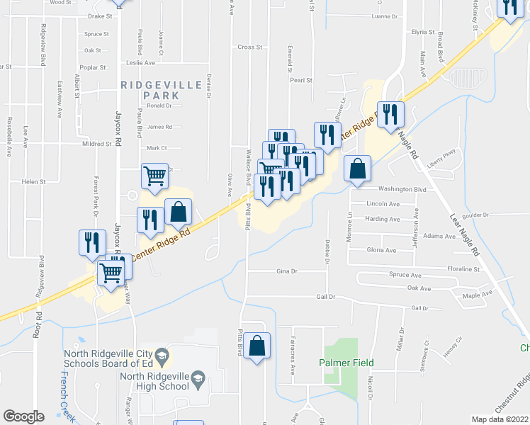 map of restaurants, bars, coffee shops, grocery stores, and more near 34325 Center Ridge Road in North Ridgeville