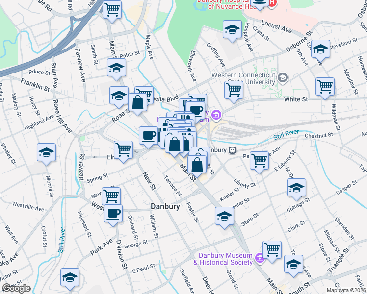 map of restaurants, bars, coffee shops, grocery stores, and more near 14 Ives Street in Danbury