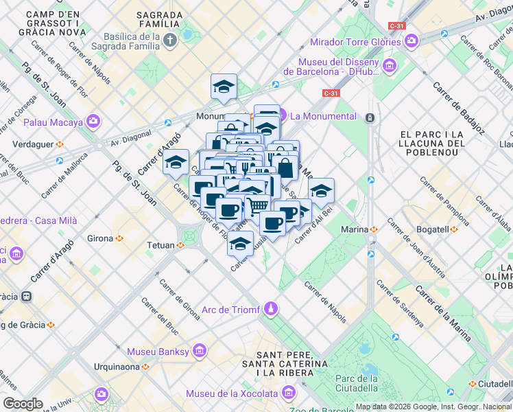 map of restaurants, bars, coffee shops, grocery stores, and more near 113 Carrer de Casp in Barcelona