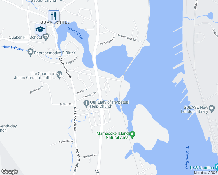map of restaurants, bars, coffee shops, grocery stores, and more near Uncas Avenue & Riverview Place in Waterford