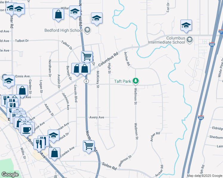 map of restaurants, bars, coffee shops, grocery stores, and more near 733 High Street in Bedford