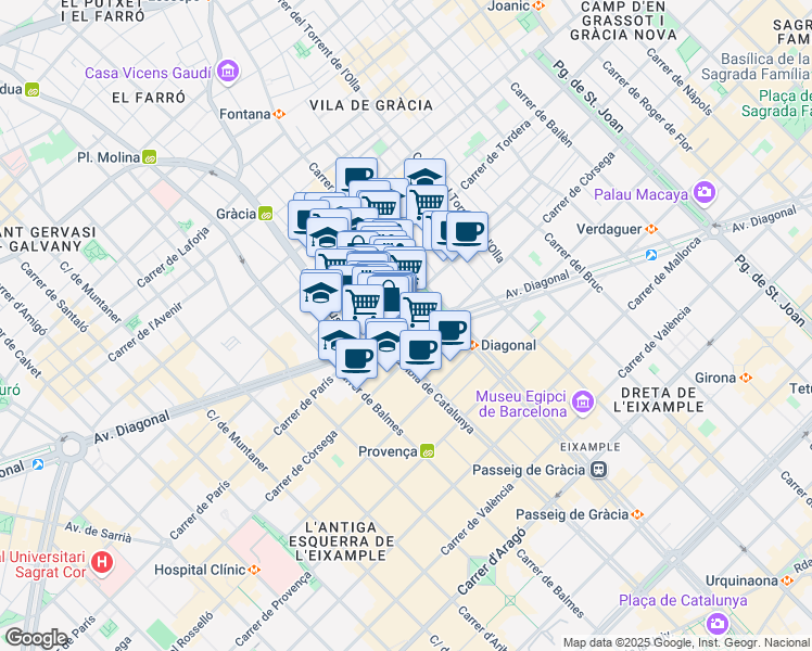 map of restaurants, bars, coffee shops, grocery stores, and more near 452 Avinguda Diagonal in Barcelona