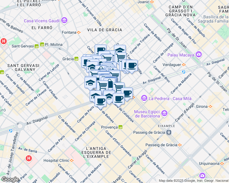map of restaurants, bars, coffee shops, grocery stores, and more near 452 Avinguda Diagonal in Barcelona
