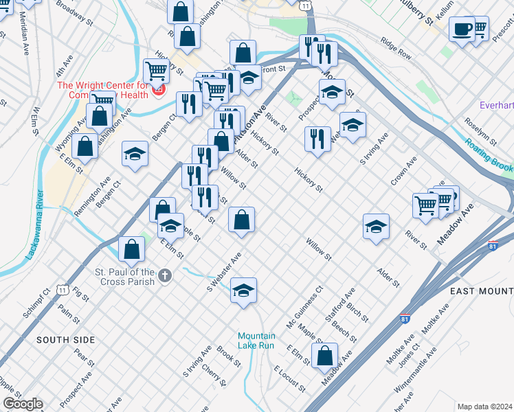 map of restaurants, bars, coffee shops, grocery stores, and more near 633 Willow Street in Scranton