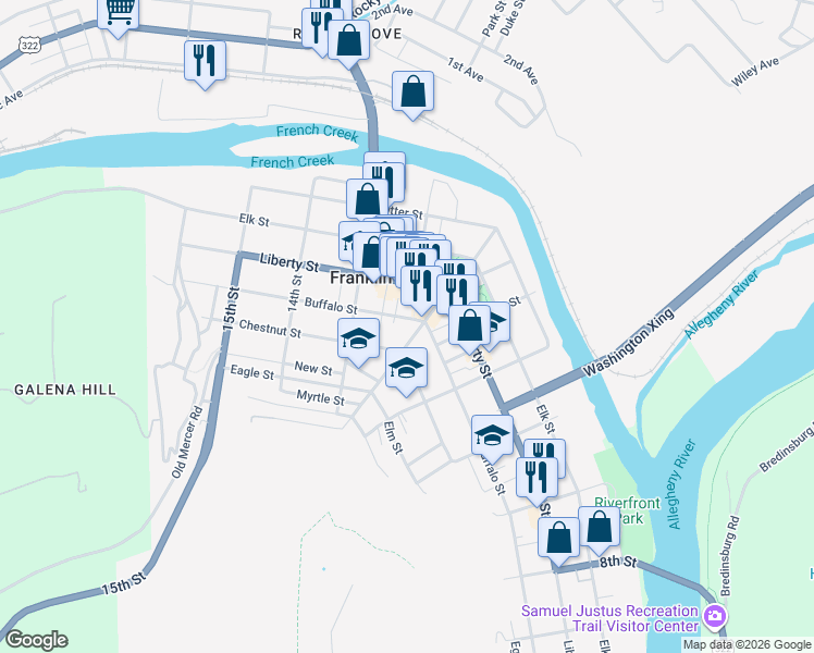 map of restaurants, bars, coffee shops, grocery stores, and more near 3 Pennsylvania Avenue in Franklin