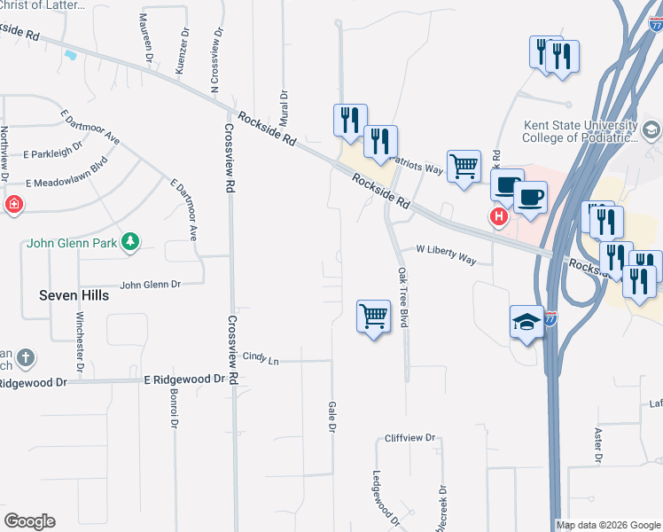 map of restaurants, bars, coffee shops, grocery stores, and more near 6145 Crossview Road in Seven Hills