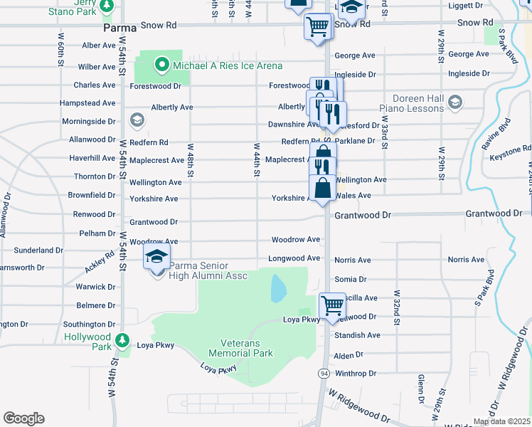 map of restaurants, bars, coffee shops, grocery stores, and more near 4215 Yorkshire Avenue in Cleveland