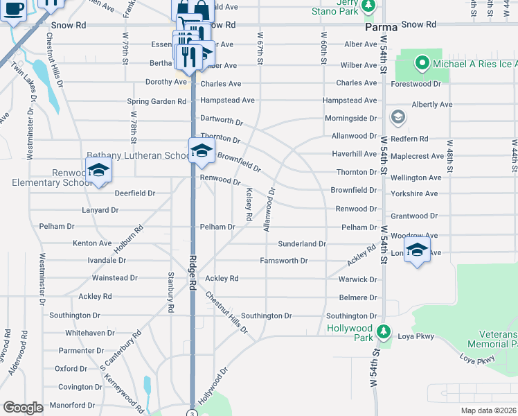 map of restaurants, bars, coffee shops, grocery stores, and more near 6619 Renwood Drive in Parma