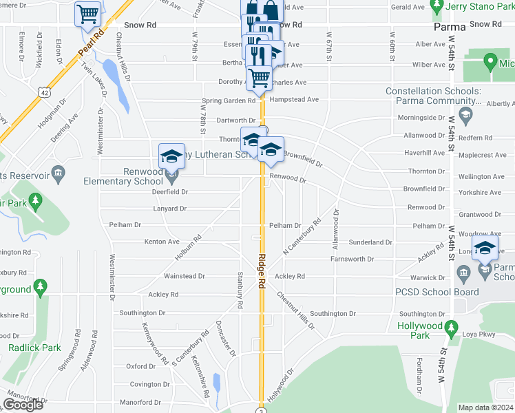 map of restaurants, bars, coffee shops, grocery stores, and more near 6106 Ridge Road in Parma