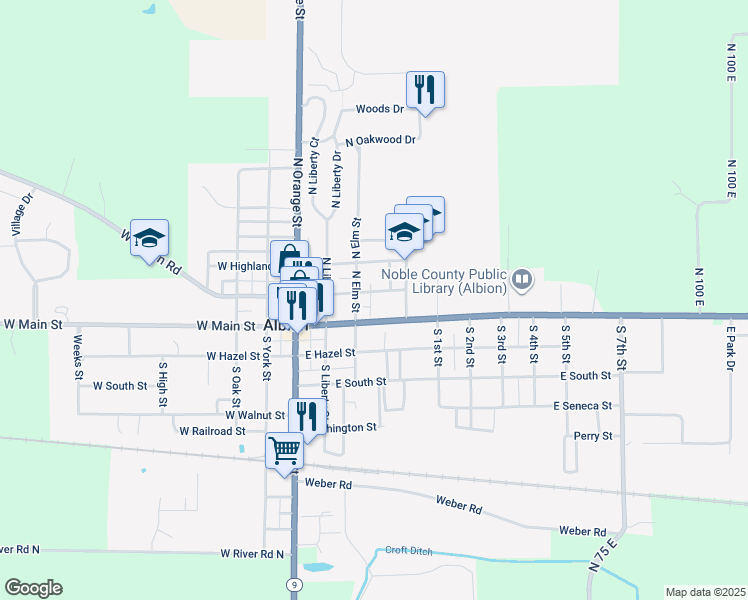 map of restaurants, bars, coffee shops, grocery stores, and more near 313 East Jefferson Street in Albion