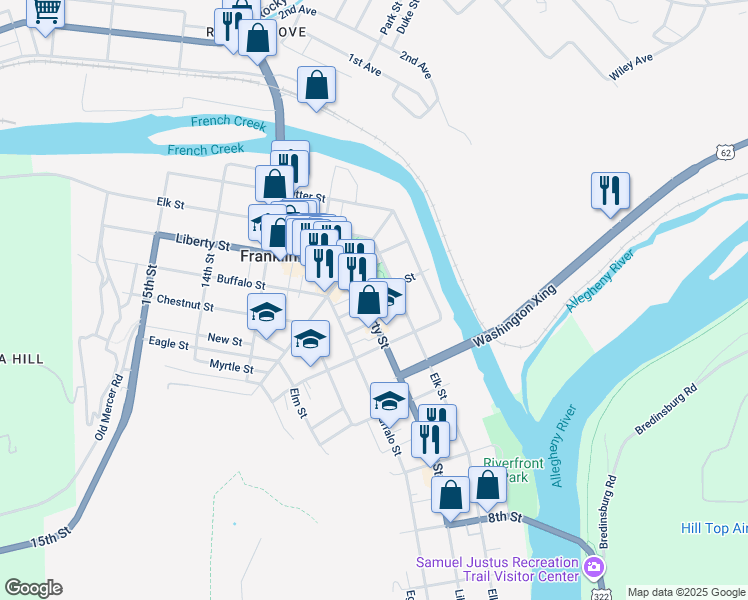 map of restaurants, bars, coffee shops, grocery stores, and more near 1140 Liberty Street in Franklin
