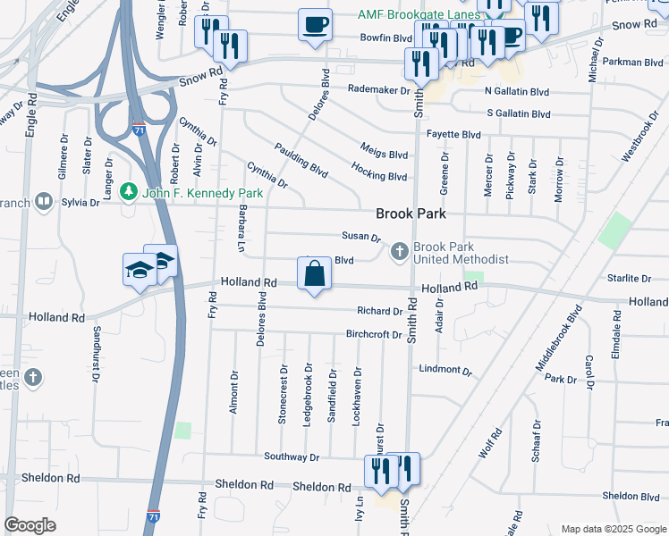 map of restaurants, bars, coffee shops, grocery stores, and more near 15720 Agnes Boulevard in Brook Park