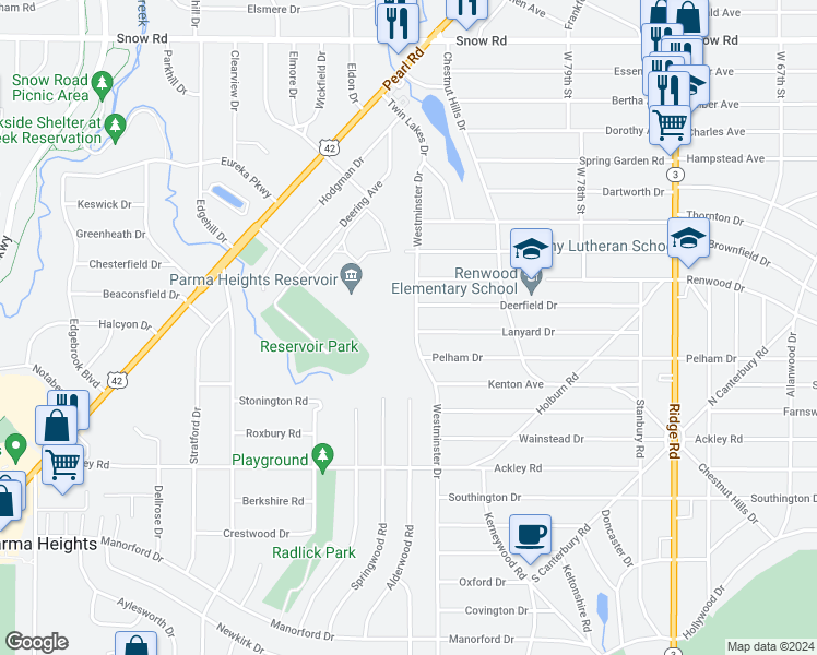 map of restaurants, bars, coffee shops, grocery stores, and more near 6130 Westminster Drive in Parma