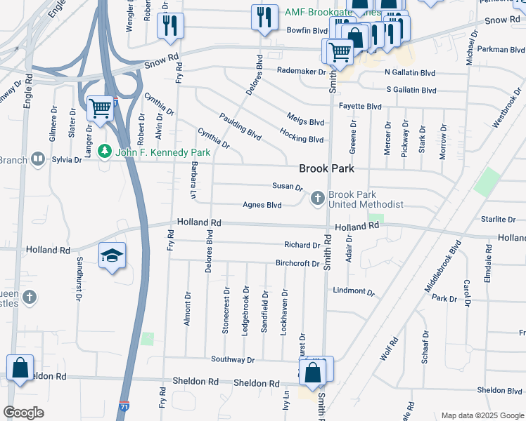 map of restaurants, bars, coffee shops, grocery stores, and more near 15720 Agnes Boulevard in Brook Park
