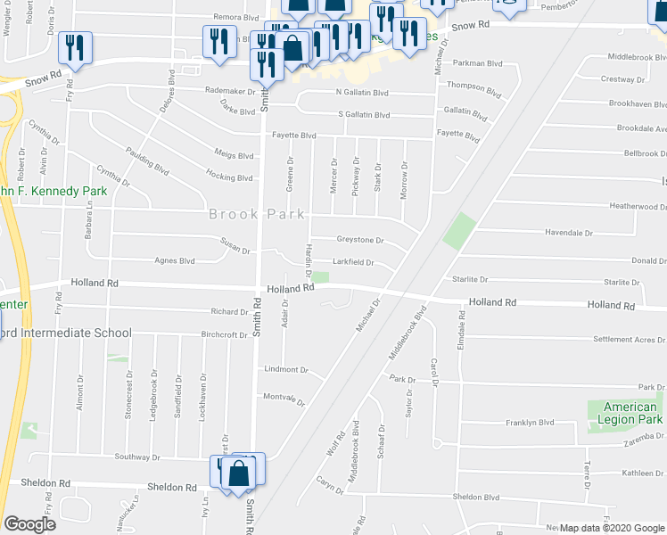 map of restaurants, bars, coffee shops, grocery stores, and more near 14883 Larkfield Drive in Brook Park