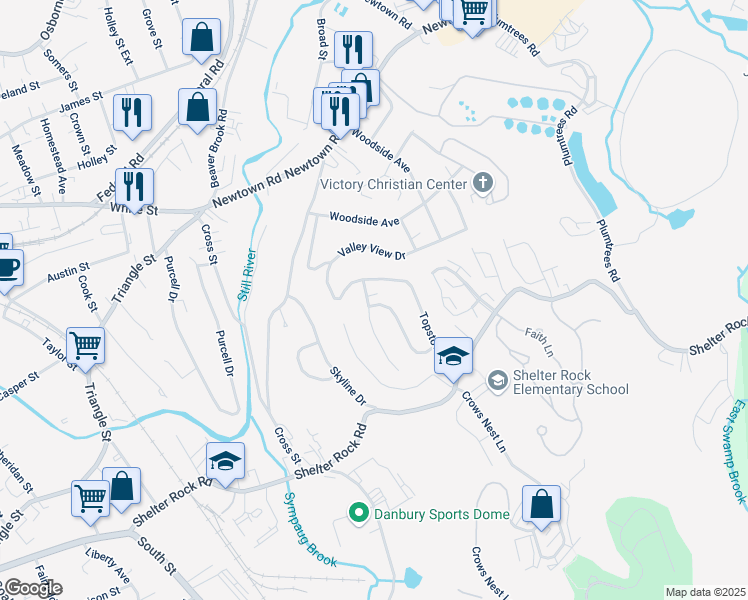 map of restaurants, bars, coffee shops, grocery stores, and more near 2 Westview Drive in Danbury