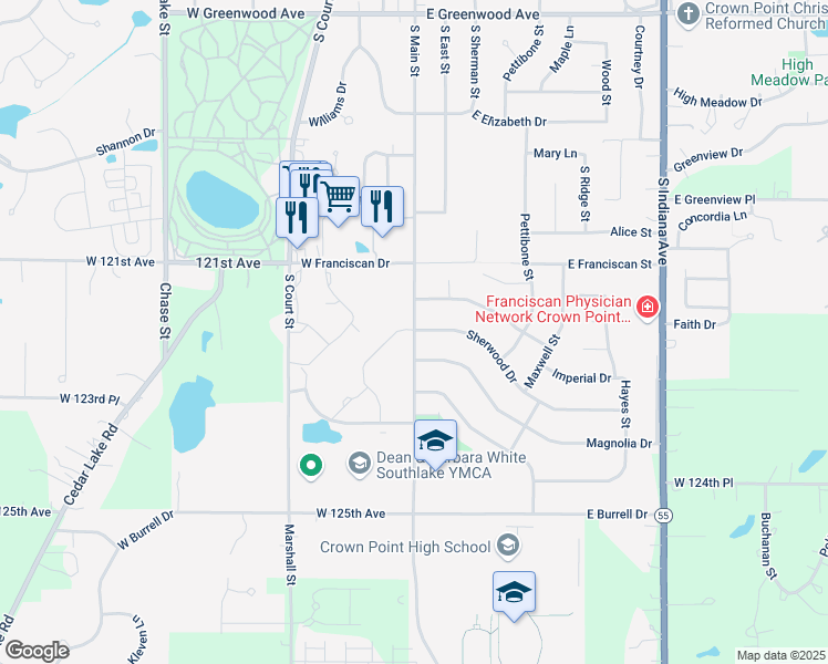 map of restaurants, bars, coffee shops, grocery stores, and more near 1199 S Main St in Crown Point