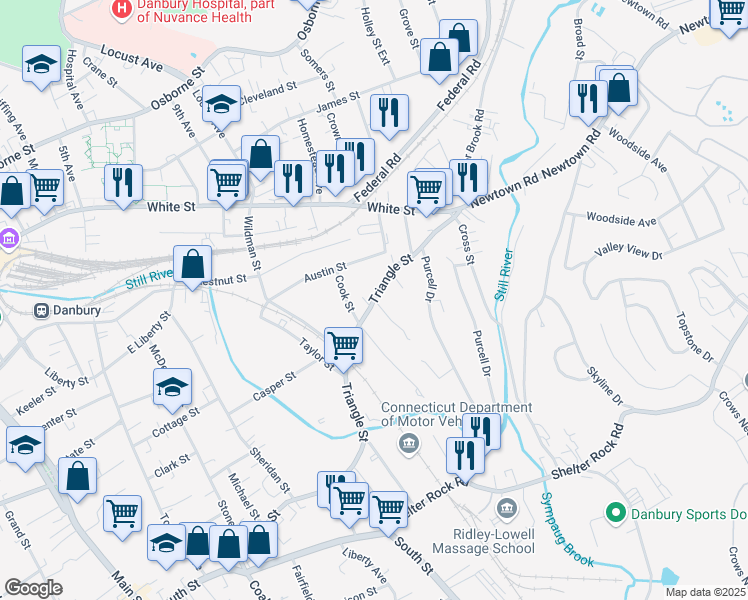 map of restaurants, bars, coffee shops, grocery stores, and more near Triangle St & Triangle Terrace in Danbury