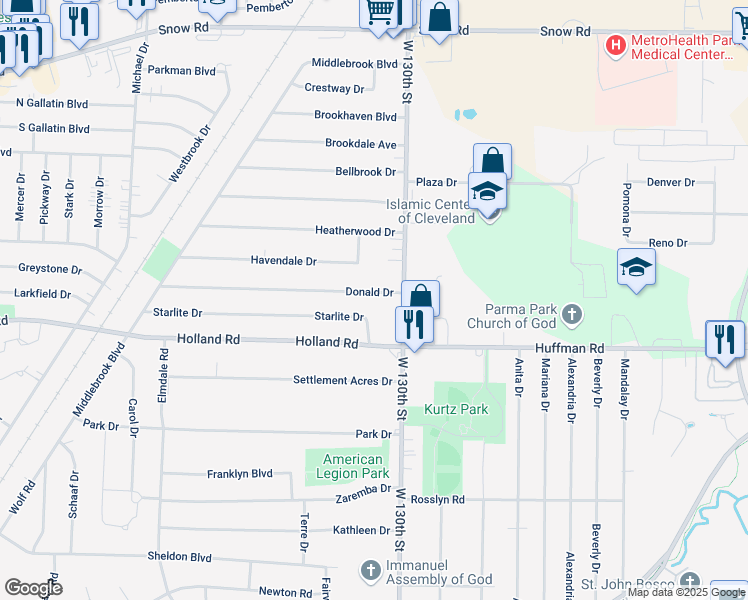 map of restaurants, bars, coffee shops, grocery stores, and more near 13452 Donald Drive in Brook Park