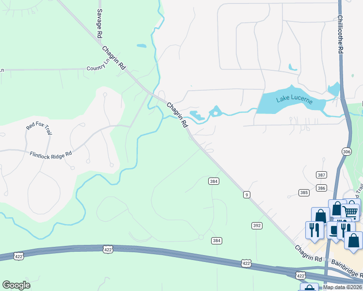 map of restaurants, bars, coffee shops, grocery stores, and more near 8133 Chagrin Road in Chagrin Falls