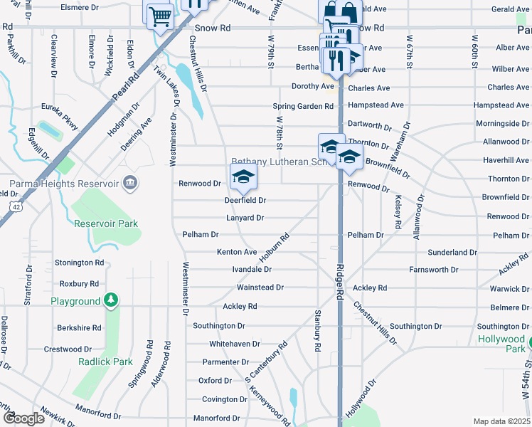 map of restaurants, bars, coffee shops, grocery stores, and more near 7910 Lanyard Drive in Parma