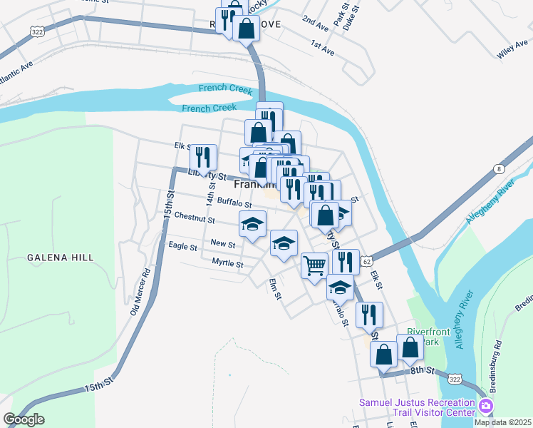 map of restaurants, bars, coffee shops, grocery stores, and more near 3 Pennsylvania Avenue in Franklin