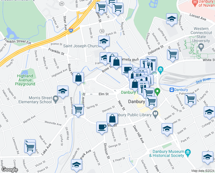 map of restaurants, bars, coffee shops, grocery stores, and more near 67 Kennedy Avenue in Danbury