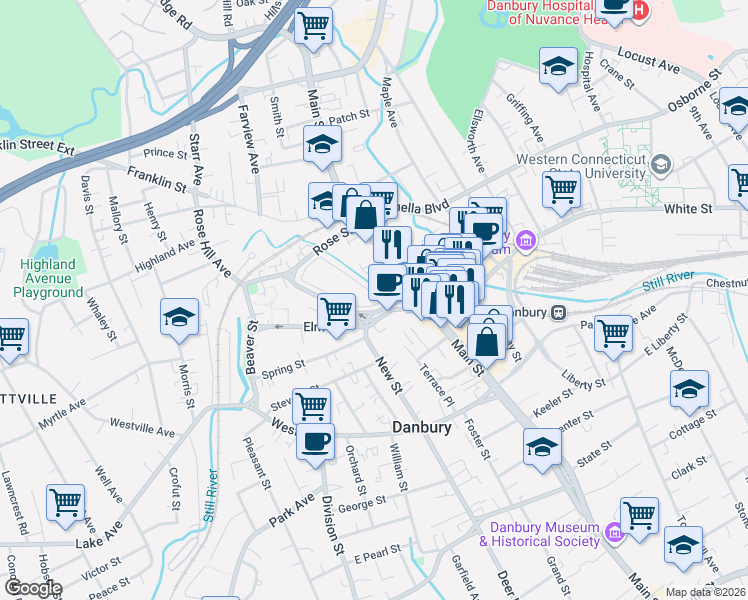 map of restaurants, bars, coffee shops, grocery stores, and more near 336 Main Street in Danbury