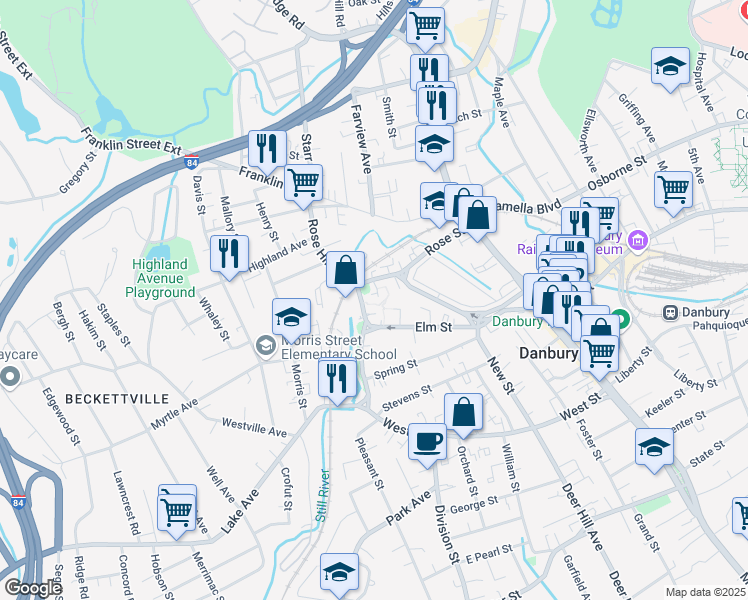 map of restaurants, bars, coffee shops, grocery stores, and more near 64 Bells Lane in Danbury
