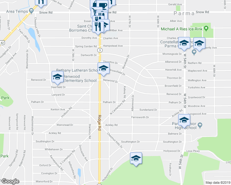 map of restaurants, bars, coffee shops, grocery stores, and more near 6103 Wareham Drive in Cleveland
