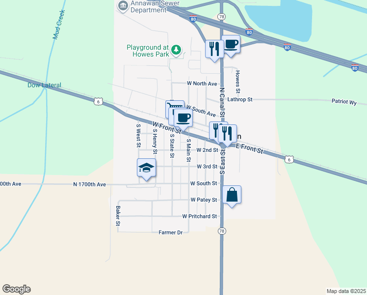map of restaurants, bars, coffee shops, grocery stores, and more near 107 South State Street in Annawan