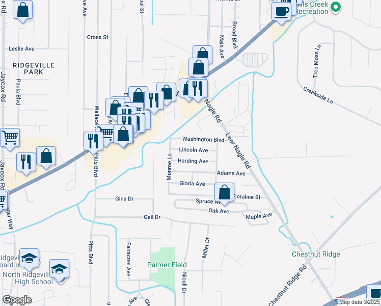 map of restaurants, bars, coffee shops, grocery stores, and more near 33957 Lincoln Avenue in North Ridgeville