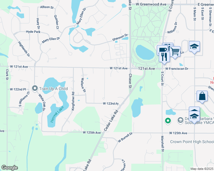 map of restaurants, bars, coffee shops, grocery stores, and more near 3405 W 121st Ave in Crown Point