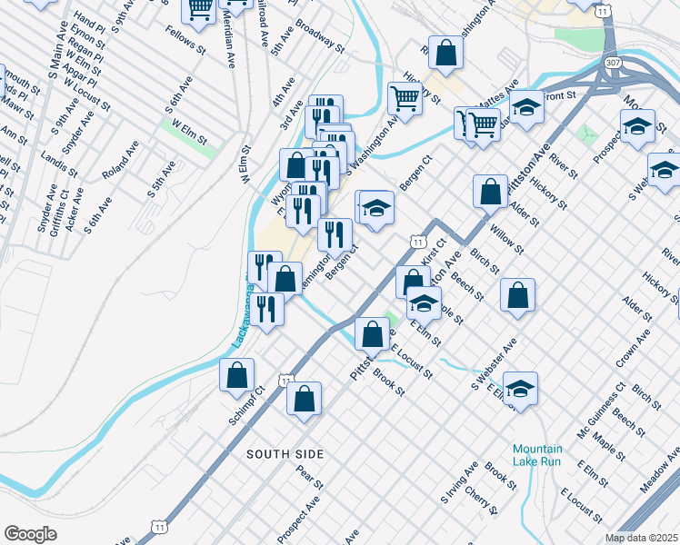 map of restaurants, bars, coffee shops, grocery stores, and more near 320 East Elm Street in Scranton