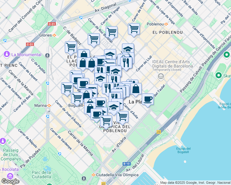 map of restaurants, bars, coffee shops, grocery stores, and more near 104 Carrer de Llull in Barcelona