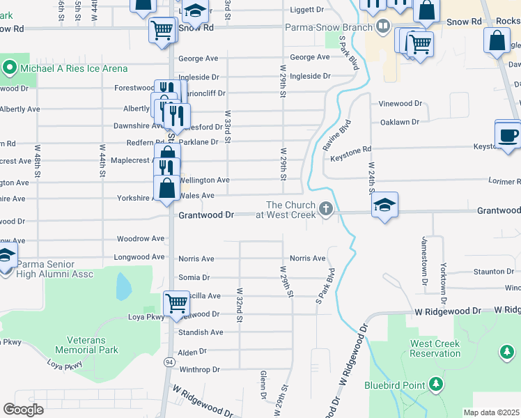 map of restaurants, bars, coffee shops, grocery stores, and more near 3010 Grantwood Drive in Parma