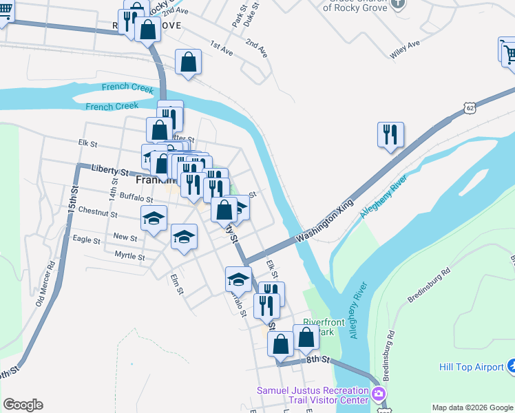 map of restaurants, bars, coffee shops, grocery stores, and more near 215 South Park Street in Franklin