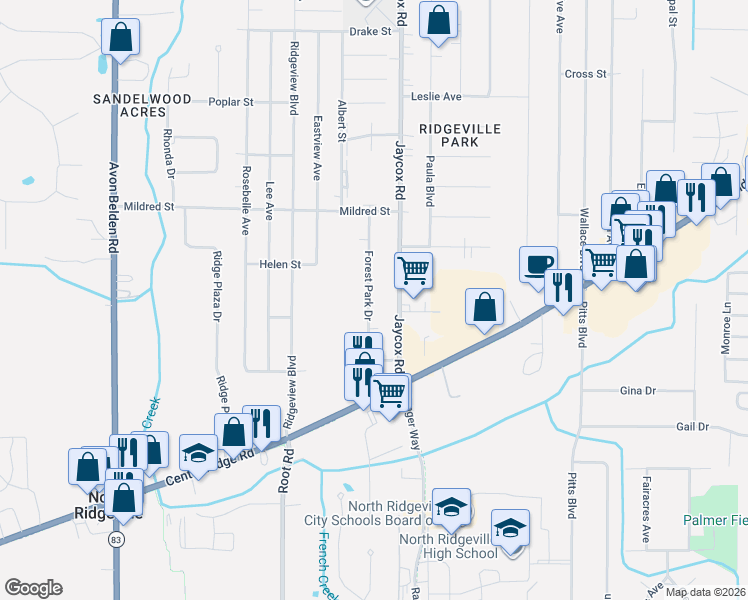 map of restaurants, bars, coffee shops, grocery stores, and more near 6354 Forest Park Drive in North Ridgeville